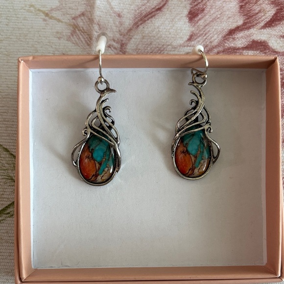 Artistic Silver Earrings with Turquoise and Orange Accents - Picture 1 of 4